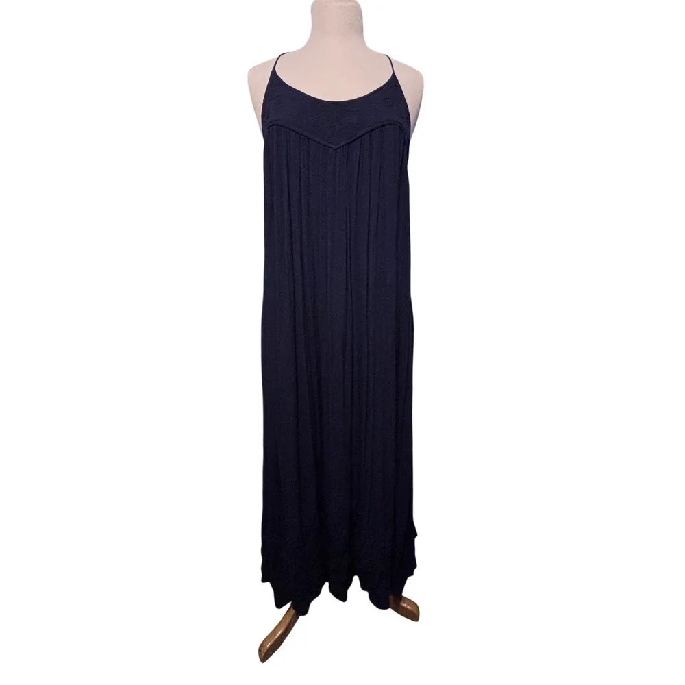 Free People Elaine Maxi Slip Navy Blue‎ Excellent Boho Embroidered T-Back Halter